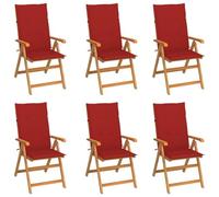 WDGJJFECNMUEHI 6 Pcs Teak Wood Garden Chairs with Red Cushions, Adjustable Reclining Backrest, Foldable Outdoor Patio Furniture Set for Relaxing with Family and Friends