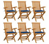 WDGJJFECNMUEHI 6-Piece Royal Blue Cushioned Teak Wood Garden Chairs Set, Outdoor Patio Furniture Foldable with Armrests for Terrace, Backyard, Durable Weather-Resistant Solid Wood Seating