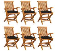 WDGJJFECNMUEHI 6-Piece Teak Wood Garden Chairs Set with Black Cushions, Foldable Outdoor Patio Furniture for Terrace, Backyard, Foldable Design, Weather-Resistant, Comfortable Seating