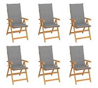 WDGJJFECNMUEHI 6-Piece Teak Wood Garden Chairs Set with Gray Cushions, Adjustable Reclining Back, Foldable Outdoor Patio Furniture for Garden, Poolside, Terrace