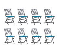 WDGJJFECNMUEHI 8 Pcs Folding Garden Chairs with Cushions, Solid Acacia Wood Outdoor Dining Set for Patio Terrace, Weather-Resistant Foldable Furniture, Light Gray Wash Finish, Includes Seat Cushions
