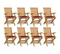 WDGJJFECNMUEHI 8 Pcs Teak Wood Folding Garden Chairs with Wine Red Cushions, Outdoor Patio Furniture Set for Terrace, Foldable Weather-Resistant Dining Chairs with Armrests, Max Load 110kg