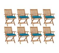 WDGJJFECNMUEHI 8-Piece Teak Wood Folding Garden Chairs with Cushions, Outdoor Patio Dining Set for Home, Cafe, Restaurant, Weather-Resistant & Space-Saving Design, Light Blue Cushions Included