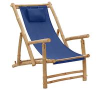 WDGJJFECNMUEHI Adjustable Bamboo Beach Chair with Navy Blue Fabric, Foldable Lounge Chair for Garden, Patio, Terrace, Sturdy & Waterproof Outdoor Recliner with Armrests, Supports 110kg