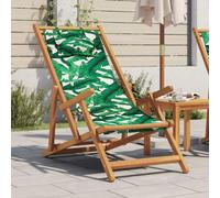 WDGJJFECNMUEHI Foldable Beach Chair with Eucalyptus Wood Frame, Leaf Pattern Fabric, 3-Position Reclining, Comfortable Cushion for Garden, Patio, Balcony, Poolside