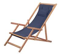 WDGJJFECNMUEHI Foldable Beach Chair with Wooden Frame and Blue Fabric, Lightweight Reclining Lounge Chair for Outdoor, Garden, Patio, Balcony, Camping, 3 Adjustable Positions, Supports 110kg