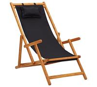 WDGJJFECNMUEHI Foldable Reclining Beach Chair with Eucalyptus Wood Frame and Black Fabric, Adjustable 3-Position Lounger for Garden, Patio, Balcony, Camping, Lightweight Portable Sunbed
