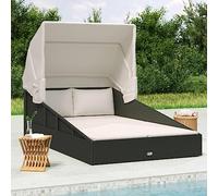 WDGJJFECNMUEHI Foldable Sunbed with Adjustable Canopy 200x114x128 cm Black PE Rattan Outdoor Lounge Chair for Garden Poolside Relaxation Comfortable Sun Lounger with Thick Cushions