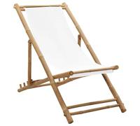 WDGJJFECNMUEHI Outdoor Bamboo Lounge Chair with Adjustable Backrest, Foldable Sunbathing Recliner for Patio Garden Pool Beach, Durable Weather-Resistant Fabric & Frame, Supports 110kg, White