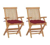 WDGJJFECNMUEHI Teak Wood Folding Garden Chairs 2 Pcs Set with Wine Red Cushions, Outdoor Patio Furniture for Terrace, Balcony, Foldable Armchairs with Thick Padding, Weather-Resistant Solid Wood