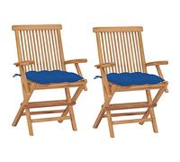 WDGJJFECNMUEHI Teak Wood Garden Chairs 2 Pcs Set with Blue Cushions, Foldable Outdoor Patio Furniture for Terrace, Balcony, Foldable Design, Weather-Resistant, Comfortable Seating, Max Load 110kg