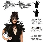 WDKXCN Scialle gotico con piume, realistico, mantello con piume e polsini con piume, maschere in pizzo, adesivi per tatuaggi, costume da Malefica, costume di carnevale per Halloween, cosplay