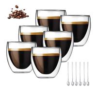 WDKXCN Tazza Vetro Doppia Parete, Set di 6 Tazzine Caffe Vetro con 6 Cucchiai, 80ml Bicchierini Caffè vetro, Tazza Cappuccino, Bicchieri Doppio per Cappuccino Latte, Macchiato, Tè, Latte