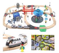 Wdmiya Treni in Legno per Bambini, Pista Treno in Legno di 113 Pezzi, Pista Macchinine Giochi per bambini, Treno Elettrico con Mappa, Elicottero e Panorama Urbano, Regalo per Bambini 3 4 5 6 Anni