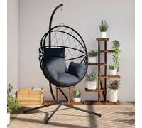 WDSAYREH Poltrona sospesa a forma di uovo con supporto, struttura in acciaio antracite, rattan e corda, design a dondolo, include cuscino spesso imbottito con rivestimento rimovibile e lavabile