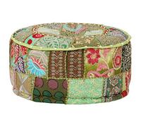WDSAYREH Pouf patchwork fatto a mano, in 100% cotone, rotondo, 40 x 20 cm, verde con ricami esotici, design vintage per un ambiente accogliente