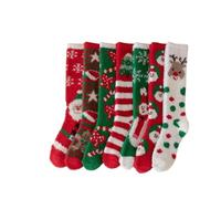 WDSBZNB Calze Termiche Donna 7 Paia/set Calzini Lunghi Di Natale In Pile Corallo Donne Caldo Addensato Pavimento Calzino For Dormire Fiocco Neve Cervo Albero Gril Regalo Calza(7 colors mix)