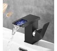 WDSOPK Rubinetto a cascata con LED per il bagno, cambia colore con la temperatura, miscelatore per lavabo, rubinetto per lavabo caldo e freddo (nero cromato corto)