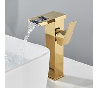 WDSOPK Rubinetto a cascata per bagno con LED che cambia colore con la temperatura, miscelatore per lavabo montato su piano rubinetto per lavabo caldo e freddo (oro alto)