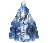 WDXQHY Tre delfini che saltano Halloween mantello con cappuccio stampa completa poliestere costume mantello per feste cosplay mascherate fumetti contro leggero confortevole tessuto senza prurito con