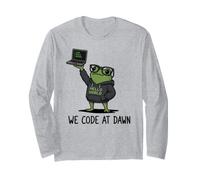 We Code At Dawn Frog Funny Frog Meme Sviluppatore di Programmazione Maglia a Manica