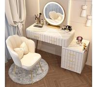 WEAFIEO Tavolo da toeletta con specchio e sgabello, moderna scrivania per il trucco con 3 luci colorate, specchio e 5 cassetti, set da toeletta per camera da letto, comò cosmetico con armadietto