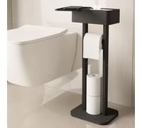 Wealone Portarotolo 4 in 1 autoportante con ripiano superiore, in bambù, colore nero, porta carta igienica con scatola salviettine umidificate, scrivania temporanea per il bagno