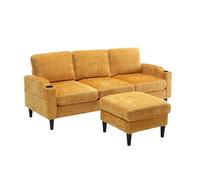 WEALTHOUSE Divano modulare con pouf, divano a 4 posti con vano portaoggetti nello sgabello, porta bevande integrati, pratiche tasche laterali, morbido rivestimento in ciniglia per soggiorno (giallo)