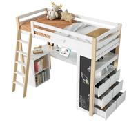 WEALTHOUSE Letto a soppalco con posto di lavoro integrato, ampio spazio di archiviazione, lavagnetta a gesso, scrivania, vani portaoggetti, struttura in legno, ascesa sicura, costruzione ben studiata