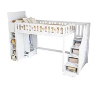 WEALTHOUSE Letto a soppalco con scala di stoccaggio, ripiani integrati, armadio pieghevole, ringhiera a cuore, struttura in legno massiccio, design salvaspazio con spazio sotto il letto (bianco, 90 x
