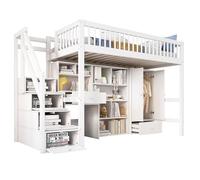 WEALTHOUSE Letto a soppalco salvaspazio con telaio in legno solido, scala laterale con spazio di archiviazione, soluzione combinata con piano di lavoro, scaffali, elementi delle porte, guardaroba