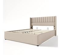 WEALTHOUSE Letto con contenitore sotto il telaio a doghe, testiera trapuntata per un comodo appoggio, robusto telaio in legno e metallo per camera da letto (beige, senza materasso, 160 x 200 cm)