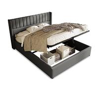 WEALTHOUSE Letto con contenitore sotto il telaio a doghe, testiera trapuntata per un comodo appoggio, robusto telaio in legno e metallo per camera da letto (grigio con materasso, 140 x 200 cm)