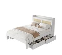 WEALTHOUSE Letto in legno massiccio con testiera in rattan, ripiano portaoggetti integrato, letto con quattro grandi cassetti, letto funzionale senza materasso, letto matrimoniale standard per camera