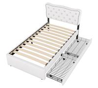 WEALTHOUSE Letto singolo imbottito con testiera regolabile, elegante decorazione a bottoni e rivetti, stabile rete a doghe con 12 listelli, 2 grandi cassetti sotto il letto (beige chiaro, 90 x 200 cm)