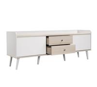 WEALTHOUSE Mobile TV moderno con ante scorrevoli e cassetti, tavolino in stile retrò con gambe in legno, spazio per mobili da soggiorno, credenza con bordo rialzato, elegante fronte a strisce (bianco)
