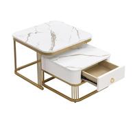 WEALTHOUSE Moderno set di 2 tavolini da caffè con piano in marmo lucido, cassetto integrato, design annidabile, guida per cassetti (bianco + oro)
