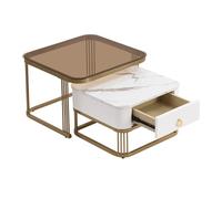 WEALTHOUSE Moderno set di 2 tavolini da caffè con piano in marmo lucido, cassetto integrato, design annidabile, guida per cassetti (bianco+oro+tea)