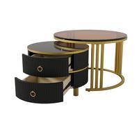 WEALTHOUSE Moderno set di tavolino 2 in 1 rotondo con superficie in MDF lucido e piano in vetro temperato, tavolino da soggiorno con due cassetti, gambe in metallo, impilabile per risparmiare spazio