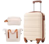 WEALTHOUSE Set di bagagli da viaggio con ruote a 360 gradi, in ABS, con lucchetto a combinazione, borsa da trucco, scomparto interno in alluminio, manico telescopico espandibile, beige., 3 pezzi
