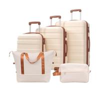 WEALTHOUSE Set di bagagli da viaggio con ruote a 360 gradi, in ABS, con lucchetto a combinazione, borsa da trucco, scomparto interno in alluminio, manico telescopico espandibile, beige., 5 pezzi