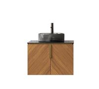 WEALTHOUSE Set di lavabo da bagno montato a parete, piano di lavoro, in compensato, con venature in rovere, con impugnatura in ottone (vasca rotonda in vetro nero trasparente, 61 cm)