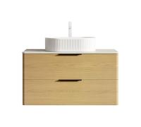 WEALTHOUSE Set di lavabo da bagno sospeso, montaggio a parete, ovale, in ceramica, struttura scanalata, travertino, pietra sinterizzata, piano di lavoro, mobili a due cassetti (naturale, 90 cm)
