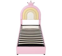WEALTHOUSE Telaio del letto con funzione di sollevamento per spazio nascosto, struttura stabile con doghe in legno, testiera imbottita con motivo arcobaleno stilizzato, facile da montare (rosa, 90 x