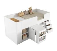 WEALTHOUSE Telaio del letto con sistema di scrivania integrato, base scorrevole, più cassetti, ripiano funzionale, design salvaspazio, protezione laterale sicura, robusta struttura in MDF