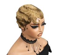 Wear and Go Parrucca corta a strati con taglio corto brasiliano da donna, capelli umani, onda dell'oceano, senza pizzo frontale, acconciatura riccia(Honey Blonde)