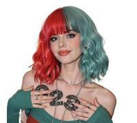 Wear and Go Parrucca corta colorata con frangia for donna, parrucche sintetiche resistenti al calore con lunghezza delle spalle ondulate for l'uso quotidiano(Red+Green)