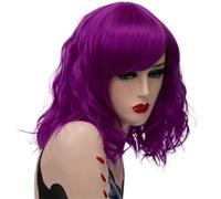 Wear and Go Parrucca corta da 14 pollici, ondulata, con frangia, capelli sintetici lunghi fino alle spalle, con radici scure, for uso quotidiano(Dark Purple)