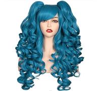 Wear and Go Parrucca cosplay riccia lunga a terra colorata da 24 pollici con 2 code di cavallo(Dark Blue)