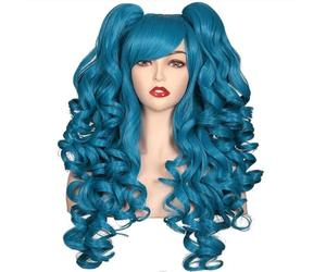 Wear and Go Parrucca cosplay riccia lunga a terra colorata da 24 pollici con 2 code di cavallo(Dark Blue)